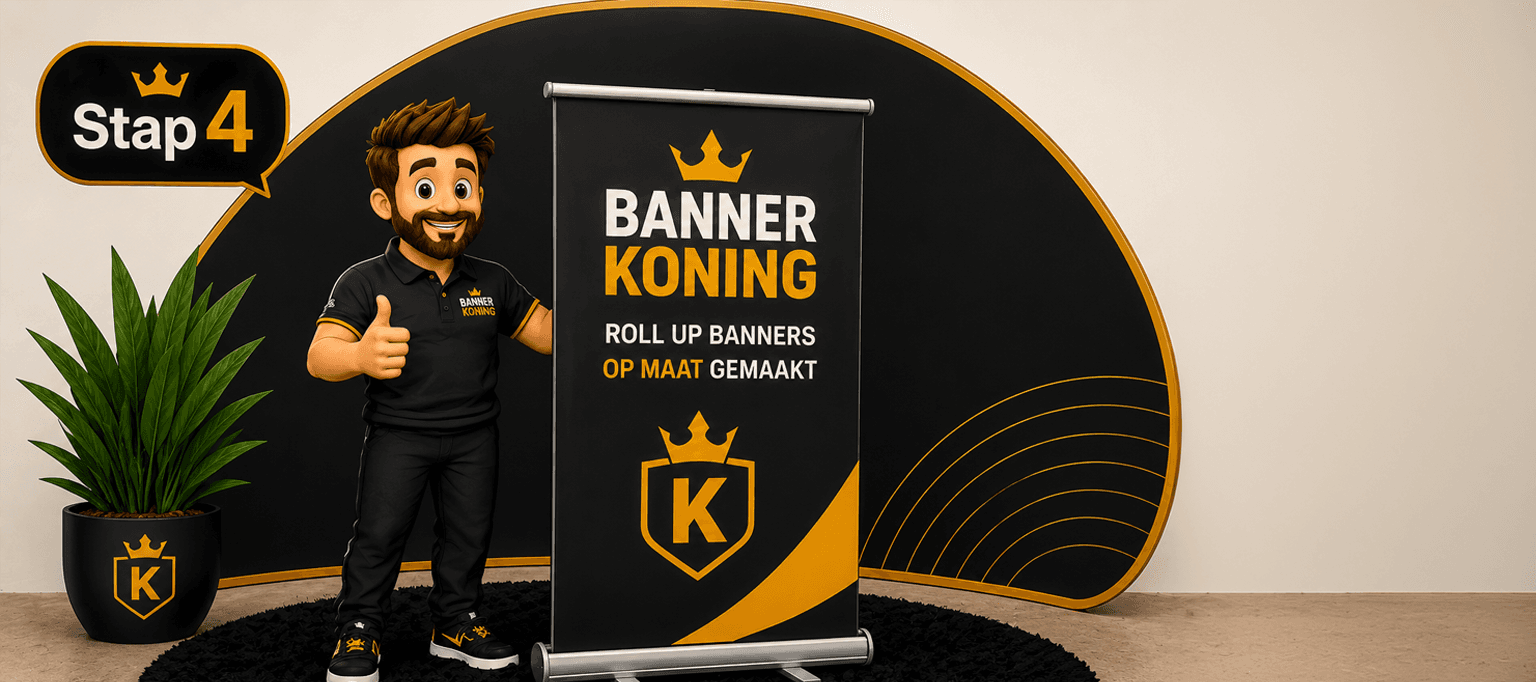 De opgezette roll-up banner staat rechtop op zijn voet